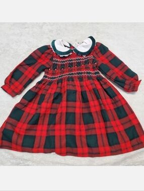 Vintage Red Green Tartan Plaid Smocked Classic Dress Toddler Baby Girl 3T Retro